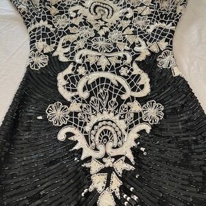 Vintage 90s Beaded Silk Dress Plunging Back Sequin Gatsby Old Hollywood Glam M